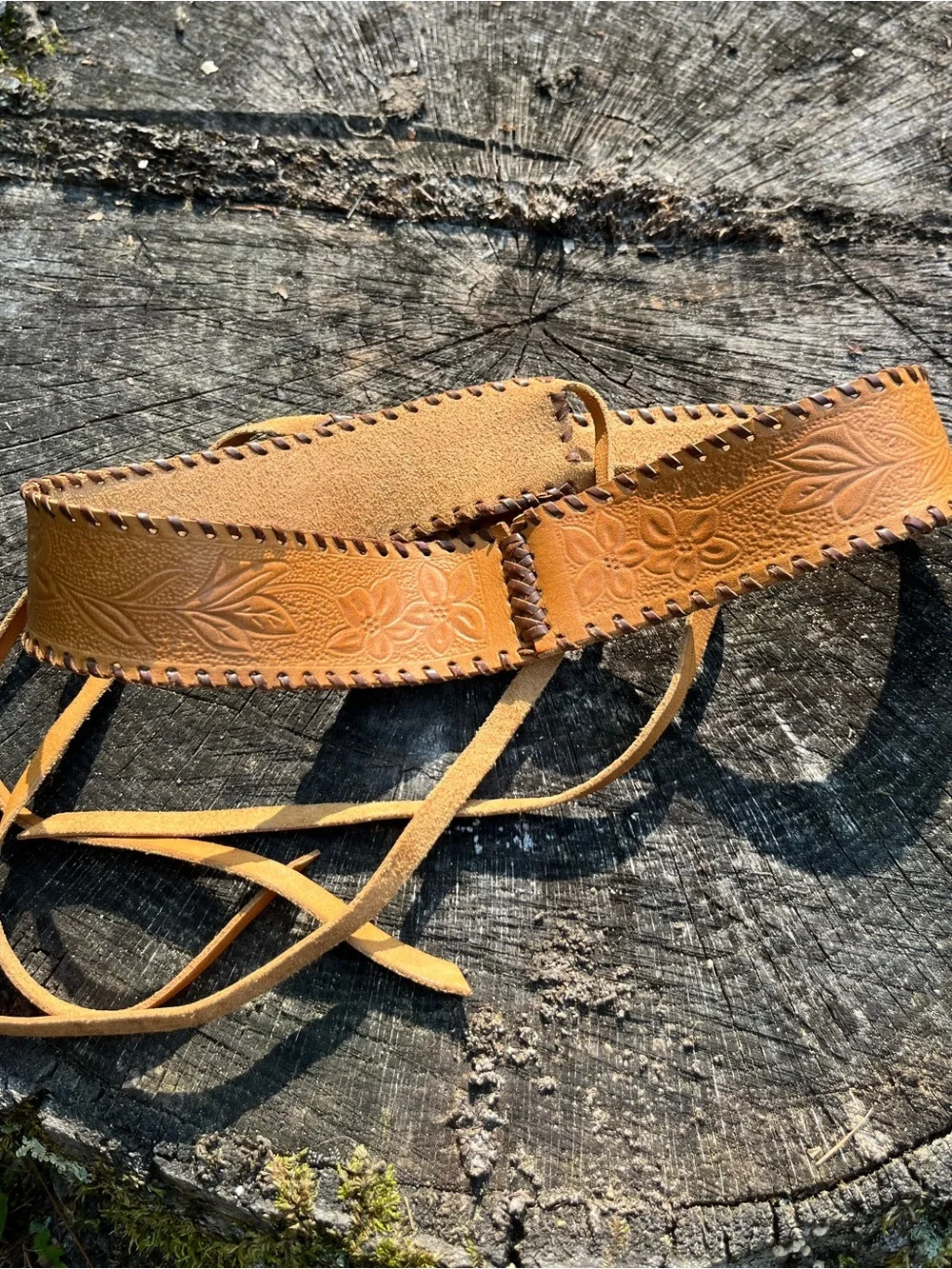 70s Handmade Tooled Genuine Leather Tie Belt Floral Fairy Boho Ren Faire